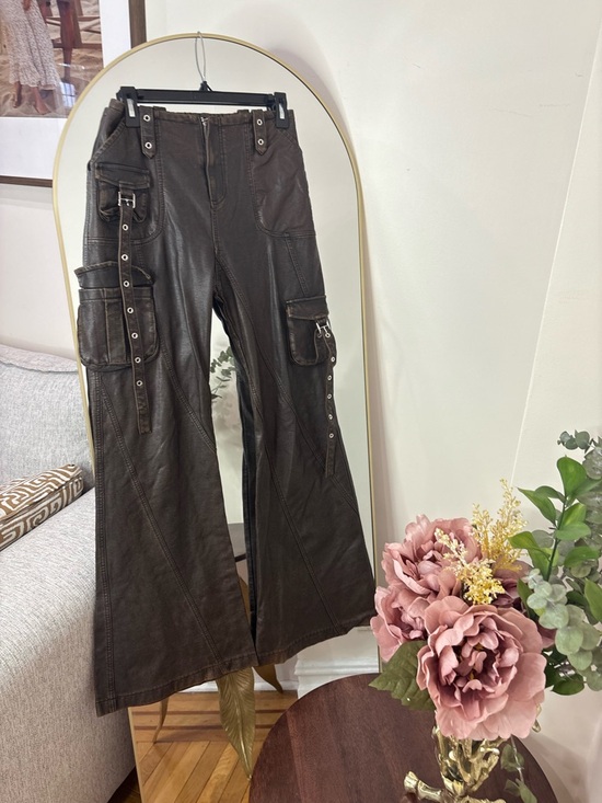 Redesign Pants - Atelier Redesign Faux Leather wide leg flare leg pants eclectic boho